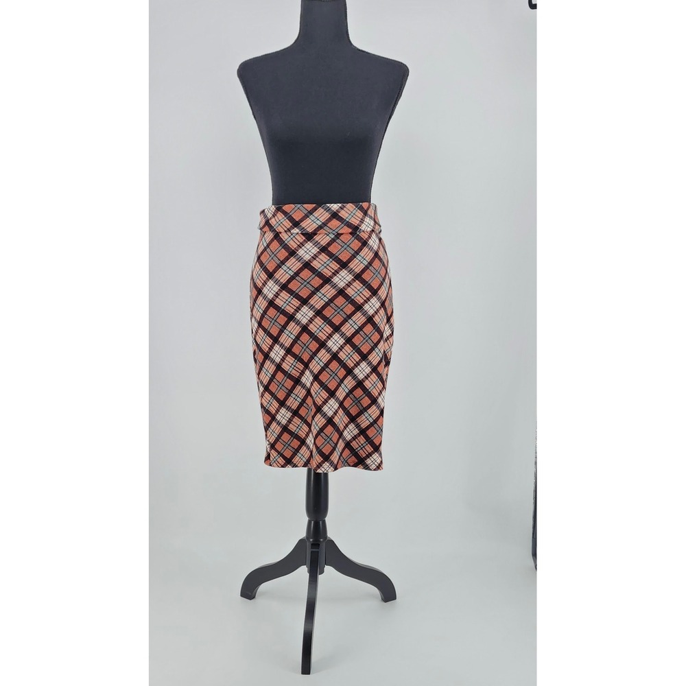Agnes & Dora Womens S Plaid Pencil Skirt Rust Black Knit Midi Made USA Retro 70s